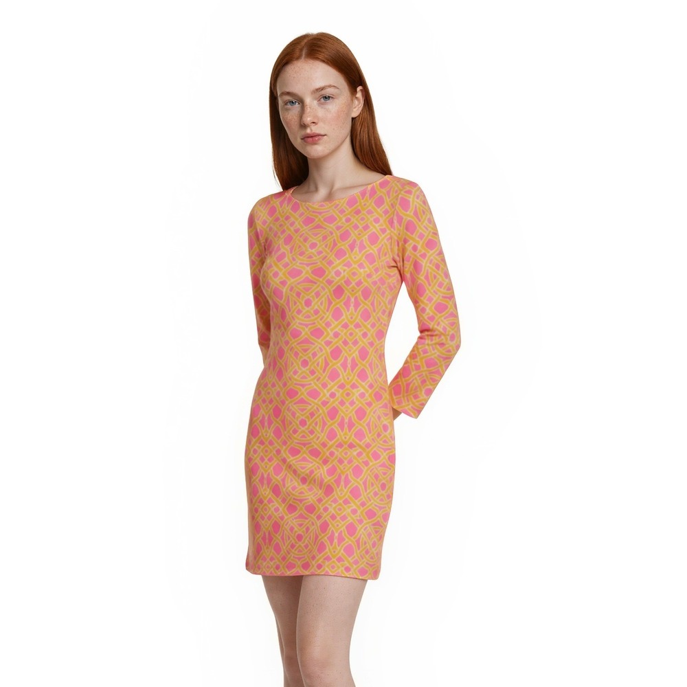 Julie‎ Brown NYC Dress Women's Size Medium Pink Yellow Geometric Trellis Shift